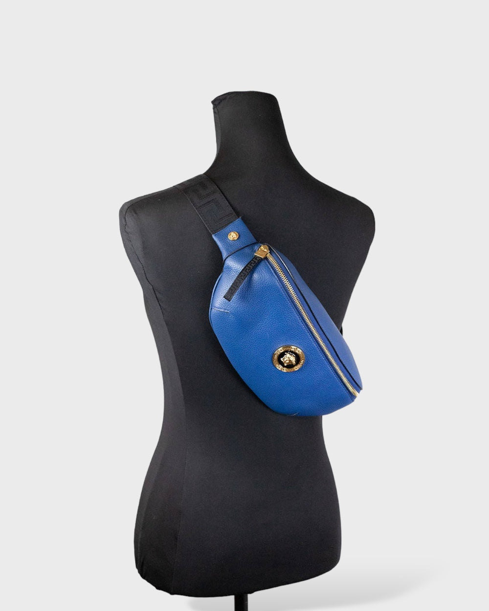 Versace Small Navy Calf Leather Medusa Pendant Fanny Waist Pack Belt Bag