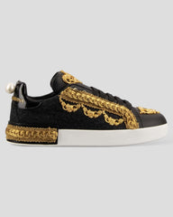 Dolce & Gabbana Black Gold Baroque Portofino Sneakers Shoes