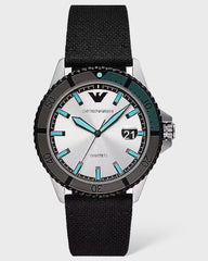 Emporio Armani Zwart Zilver Stoffen en Stalen Quartz Horloge