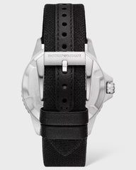 Emporio Armani Zwart Zilver Stoffen en Stalen Quartz Horloge