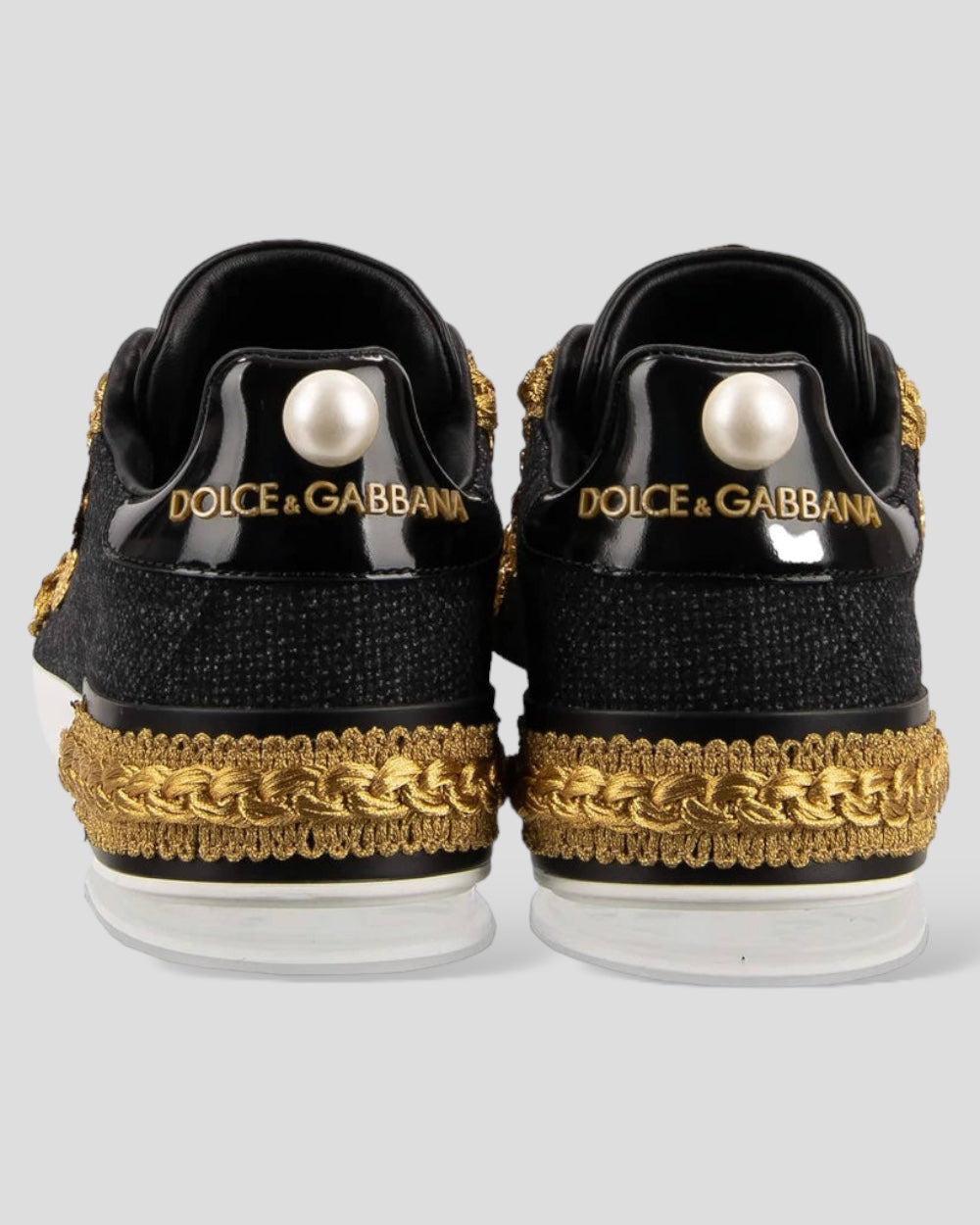Dolce & Gabbana Black Gold Baroque Portofino Sneakers Shoes