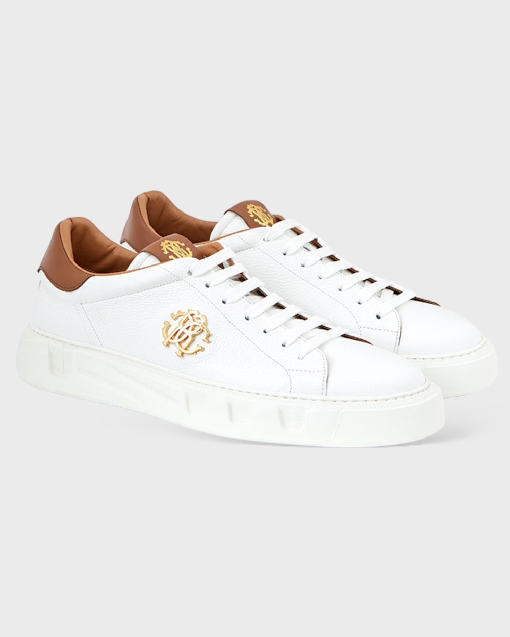 Roberto Cavalli White Leather Sneakers with Gold Logo