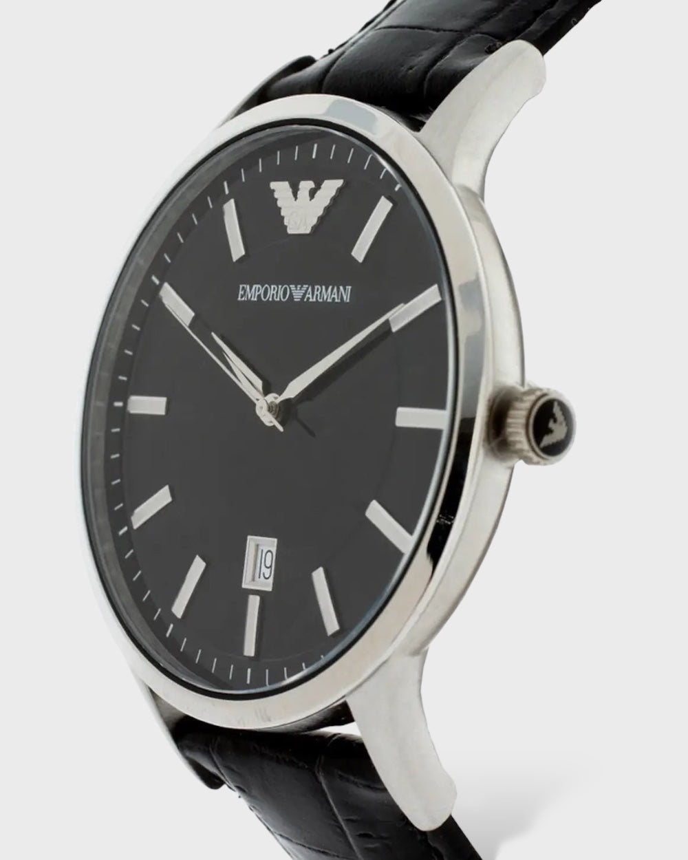 Emporio Armani Black Leather and Steel Analog Watch