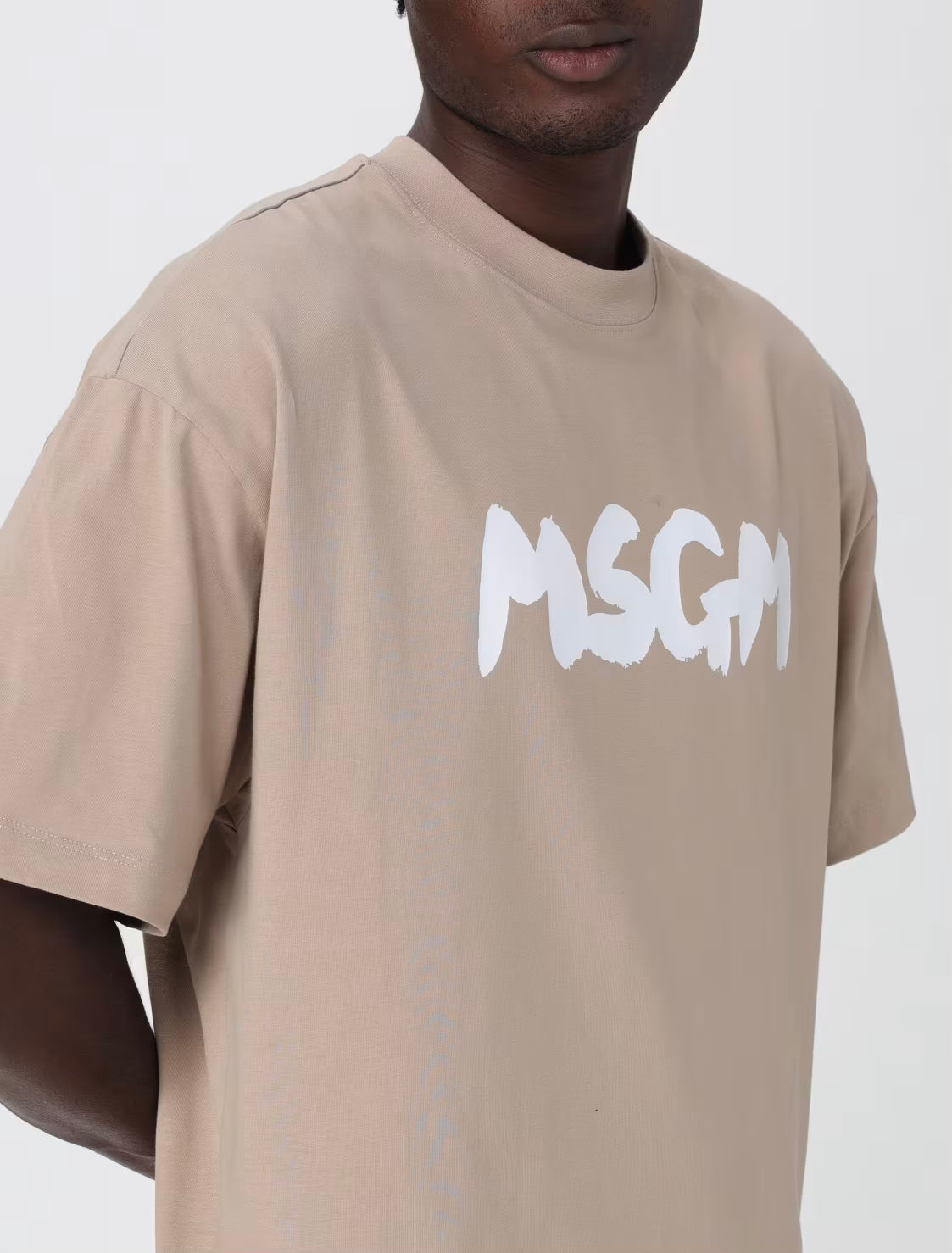 MSGM Cotton crewneck t-shirt with new brushed MSGM logo Beige