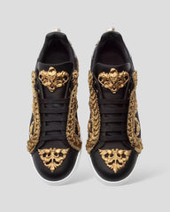 Dolce & Gabbana Black Gold Baroque Portofino Leather Sneakers Shoes